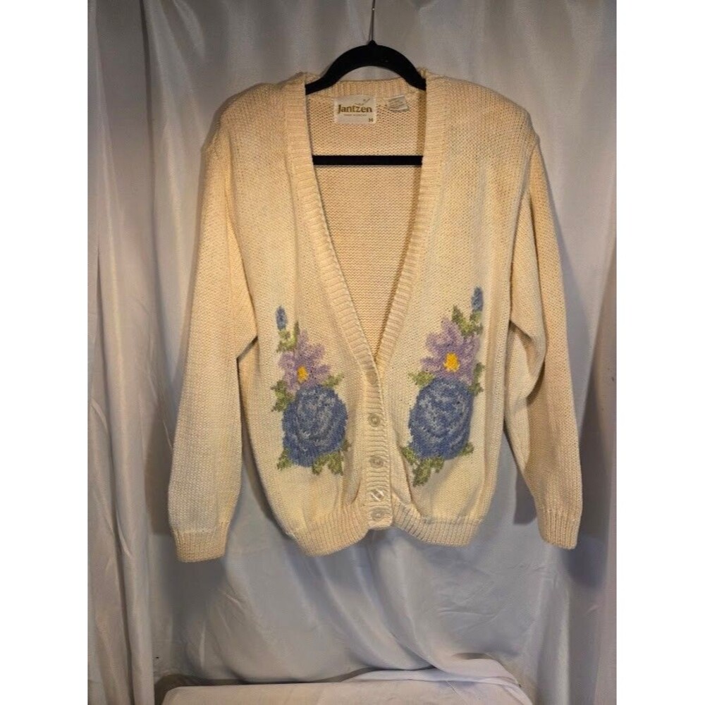 Vintage Jantzen Floral Knit Cardigan Sweater Cream Blue Purple Size M